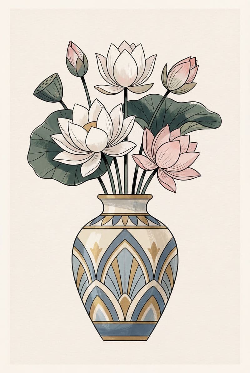 Tranh treo tường lọ hoa sen vẽ tay tinh tế trang trí không gian phòng khách sang trọng