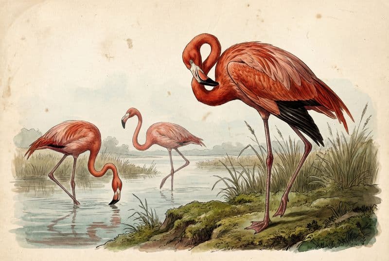 Tranh vẽ chim hồng hạc Mỹ sắc hồng rực rỡ với nét vẽ tay cổ điển tinh tế phù hợp trang trí phòng khách sang trọng.