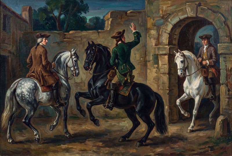 Tranh sơn dầu người cưỡi ngựa phong thái uy nghiêm tông màu trầm ấm cho phòng làm việc cổ điển