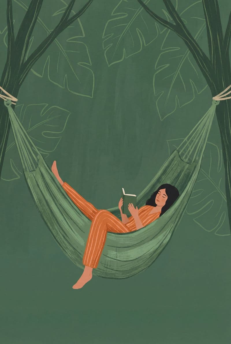 Tranh sơn dầu nghệ thuật chiếc võng xanh đung đưa dưới bóng cây mát rượi mang cảm xúc bình yên cho không gian phòng khách hiện đại.